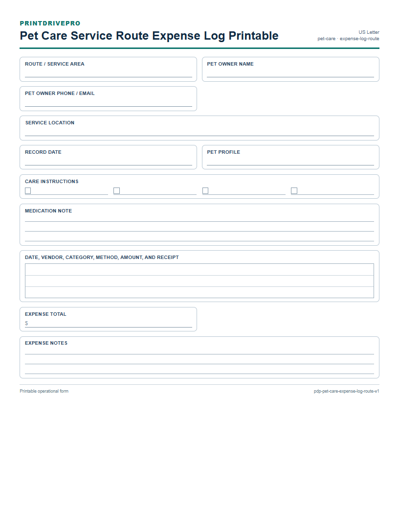 Pet Care Service Route Expense Log Printable preview