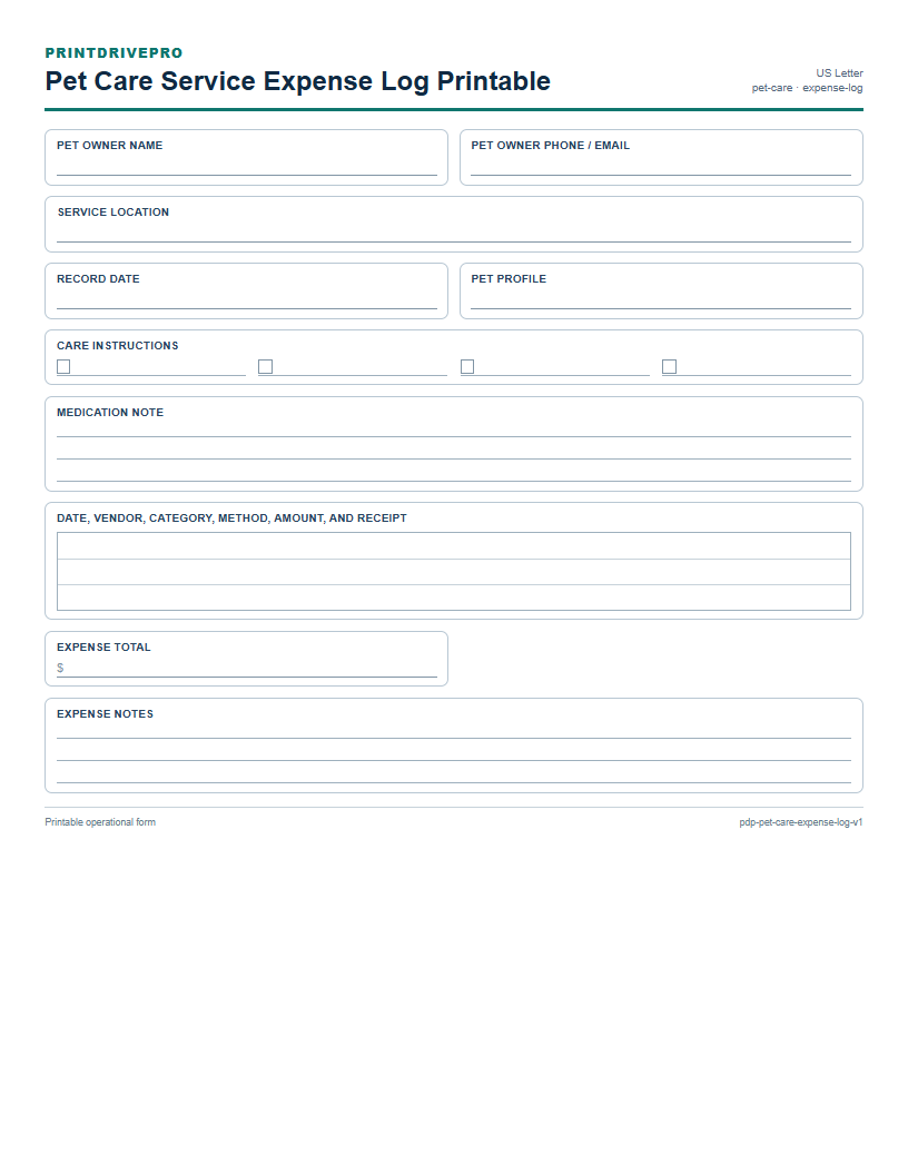 Pet Care Service Expense Log Printable preview