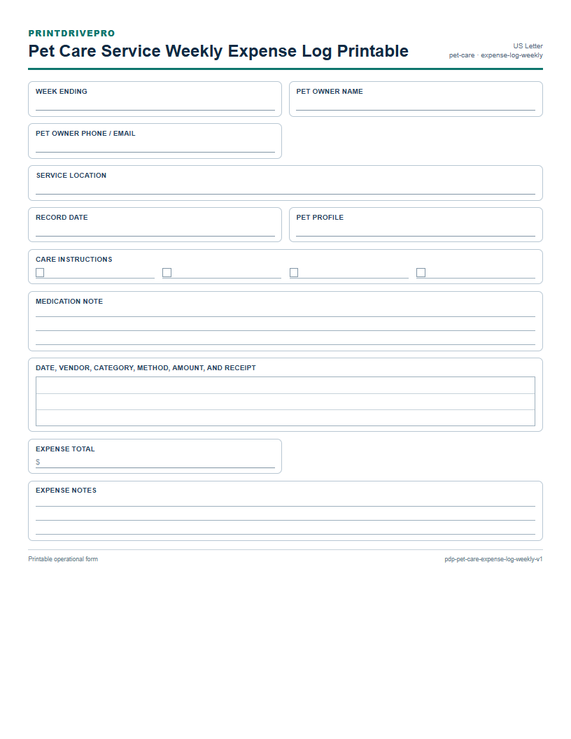 Pet Care Service Weekly Expense Log Printable preview