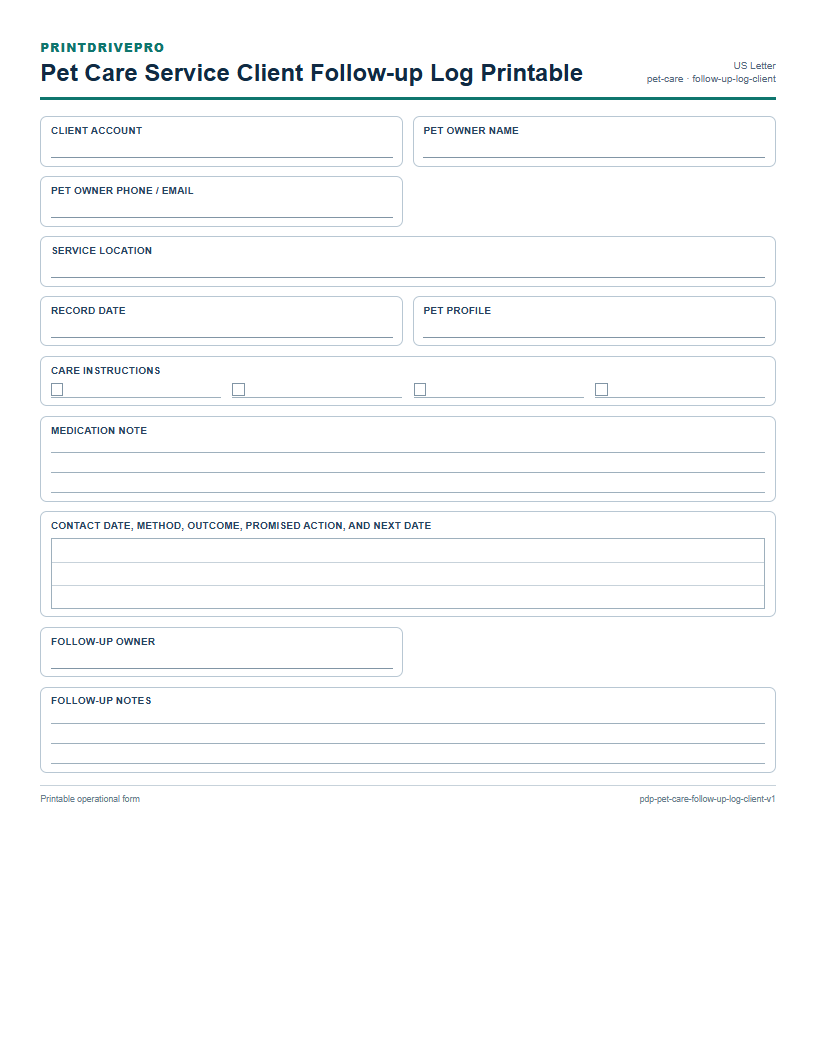 Pet Care Service Client Follow-up Log Printable preview