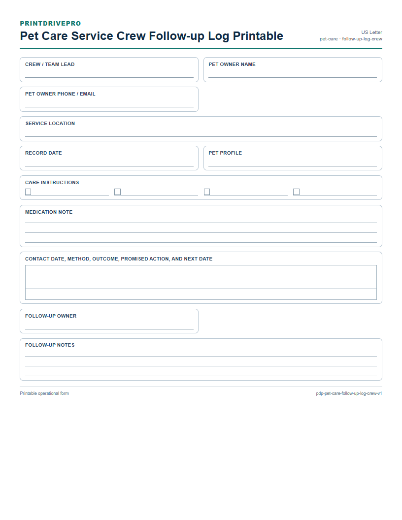 Pet Care Service Crew Follow-up Log Printable preview