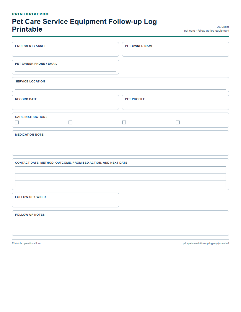 Pet Care Service Equipment Follow-up Log Printable preview