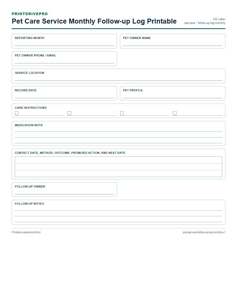 Pet Care Service Monthly Follow-up Log Printable preview