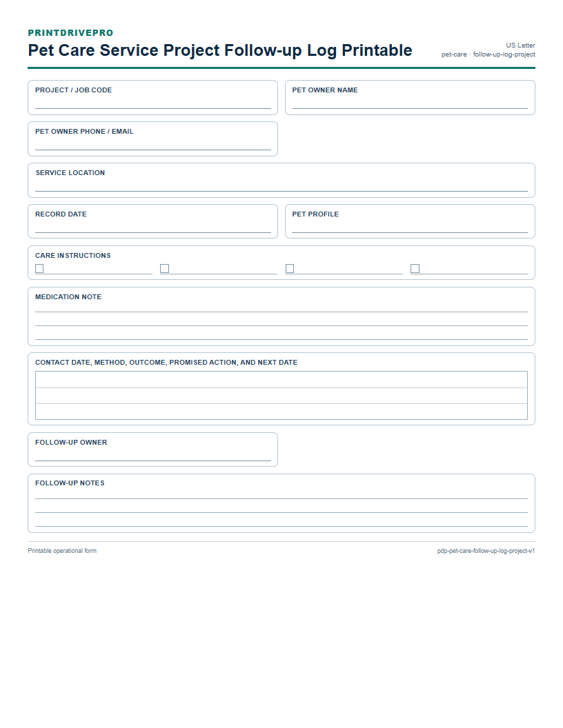 Pet Care Service Project Follow-up Log Printable preview