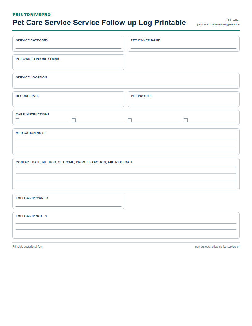 Pet Care Service Service Follow-up Log Printable preview