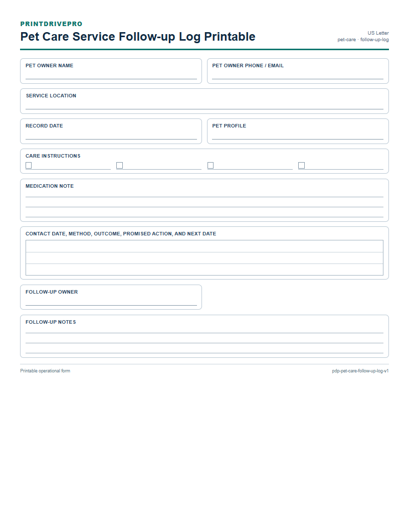 Pet Care Service Follow-up Log Printable preview