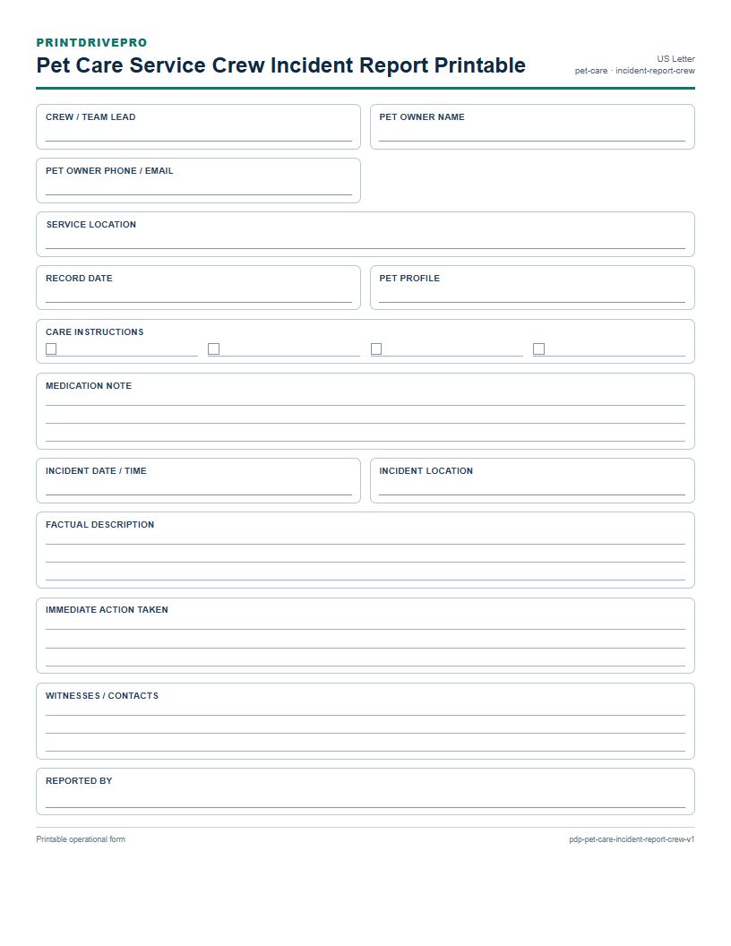 Pet Care Service Crew Incident Report Printable preview