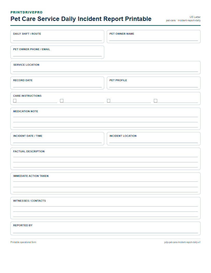Pet Care Service Daily Incident Report Printable preview
