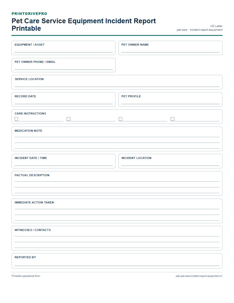 Pet Care Service Equipment Incident Report Printable preview