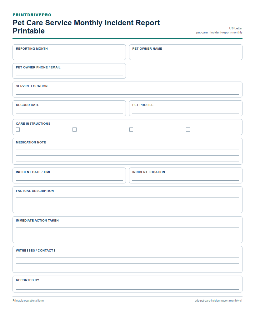 Pet Care Service Monthly Incident Report Printable preview