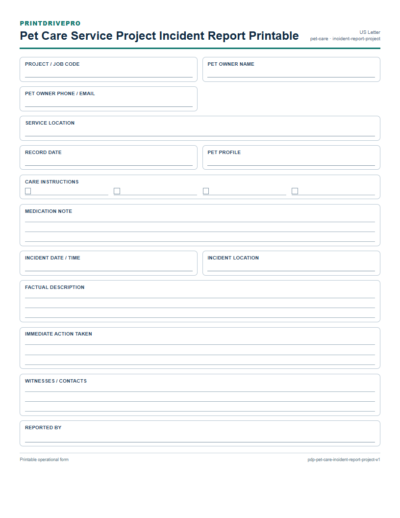 Pet Care Service Project Incident Report Printable preview