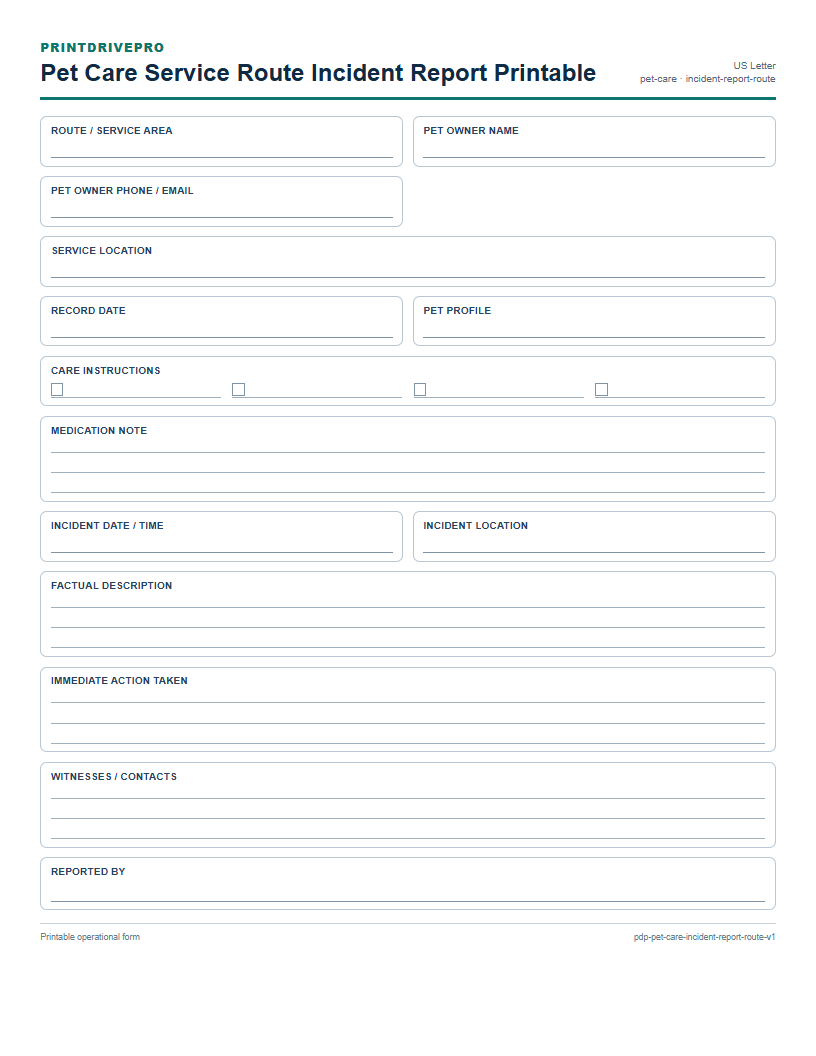 Pet Care Service Route Incident Report Printable preview