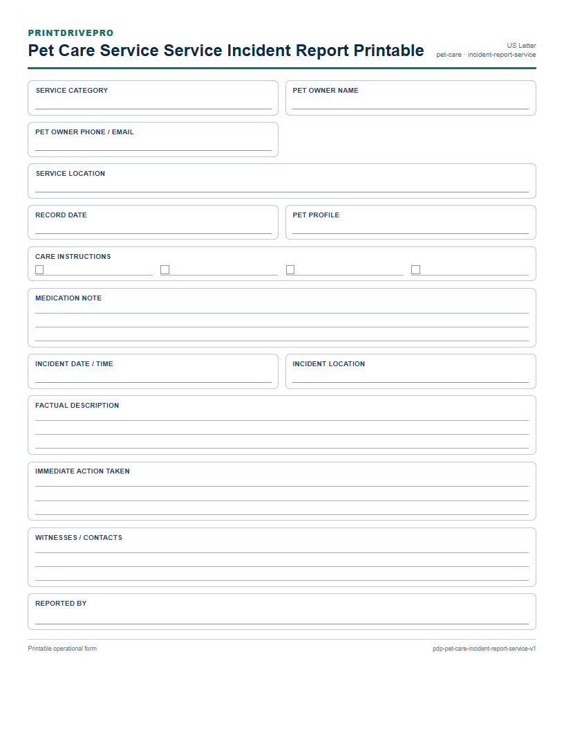 Pet Care Service Service Incident Report Printable preview