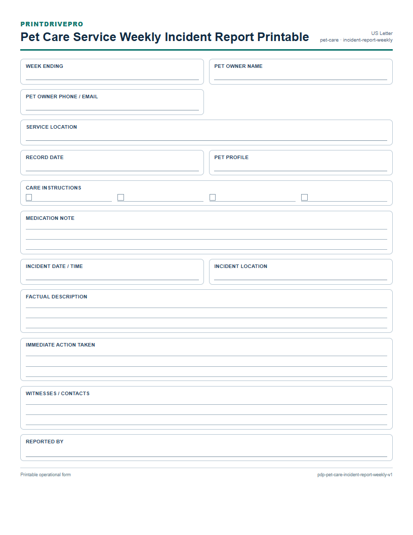 Pet Care Service Weekly Incident Report Printable preview
