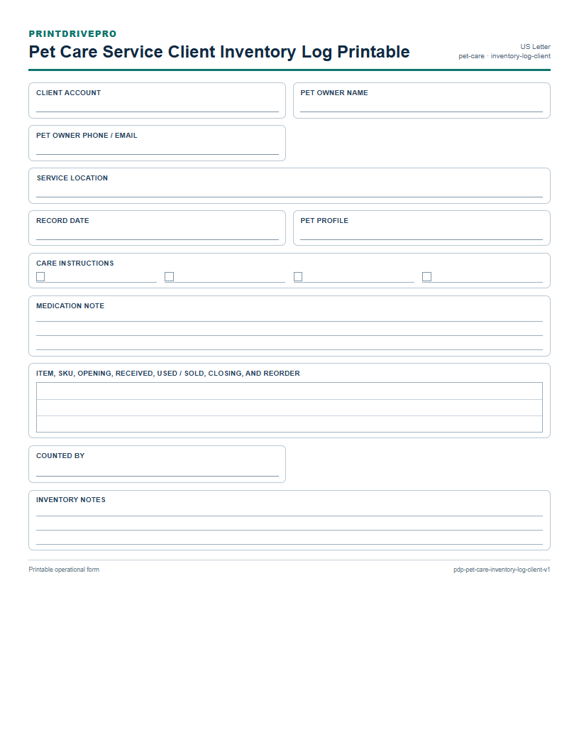 Pet Care Service Client Inventory Log Printable preview