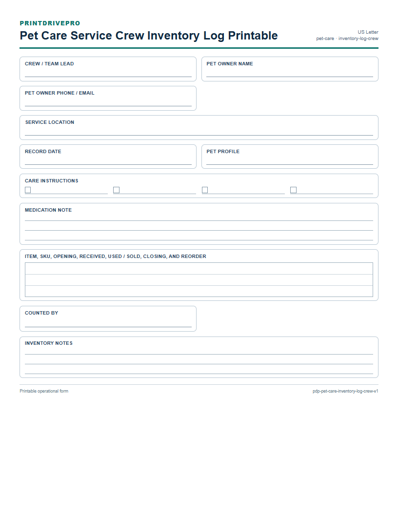 Pet Care Service Crew Inventory Log Printable preview