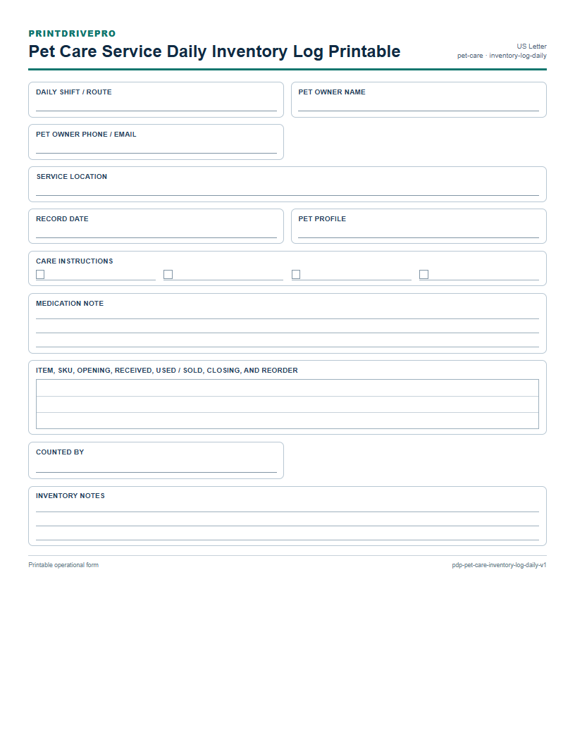 Pet Care Service Daily Inventory Log Printable preview