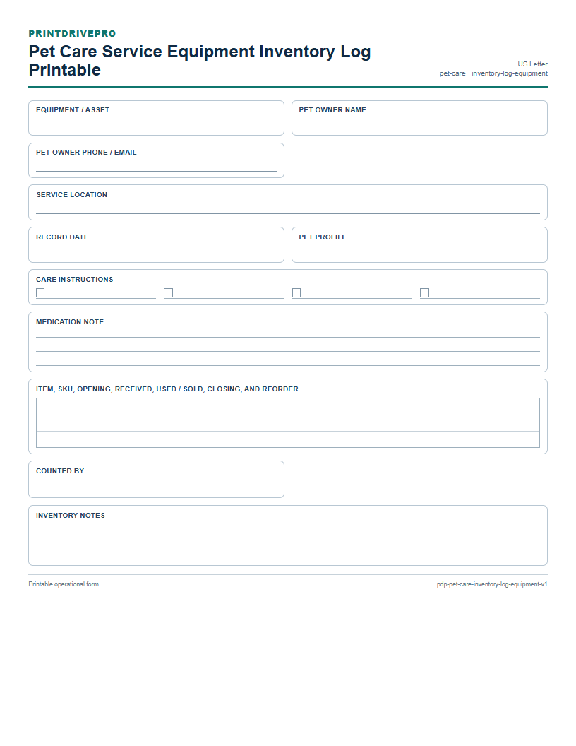 Pet Care Service Equipment Inventory Log Printable preview