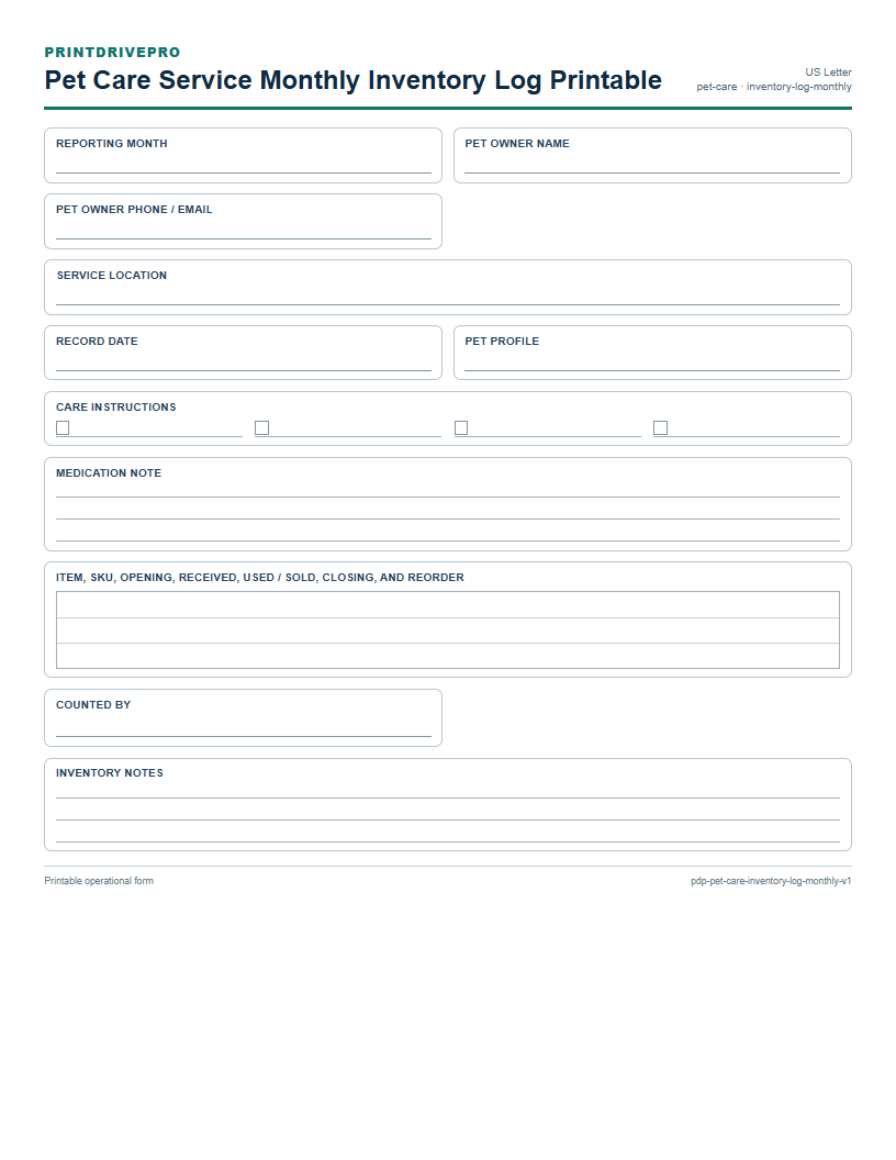 Pet Care Service Monthly Inventory Log Printable preview