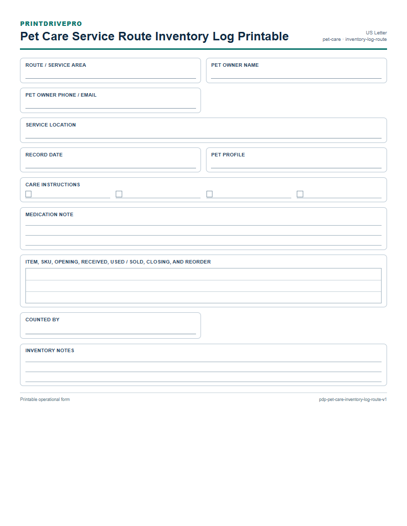 Pet Care Service Route Inventory Log Printable preview