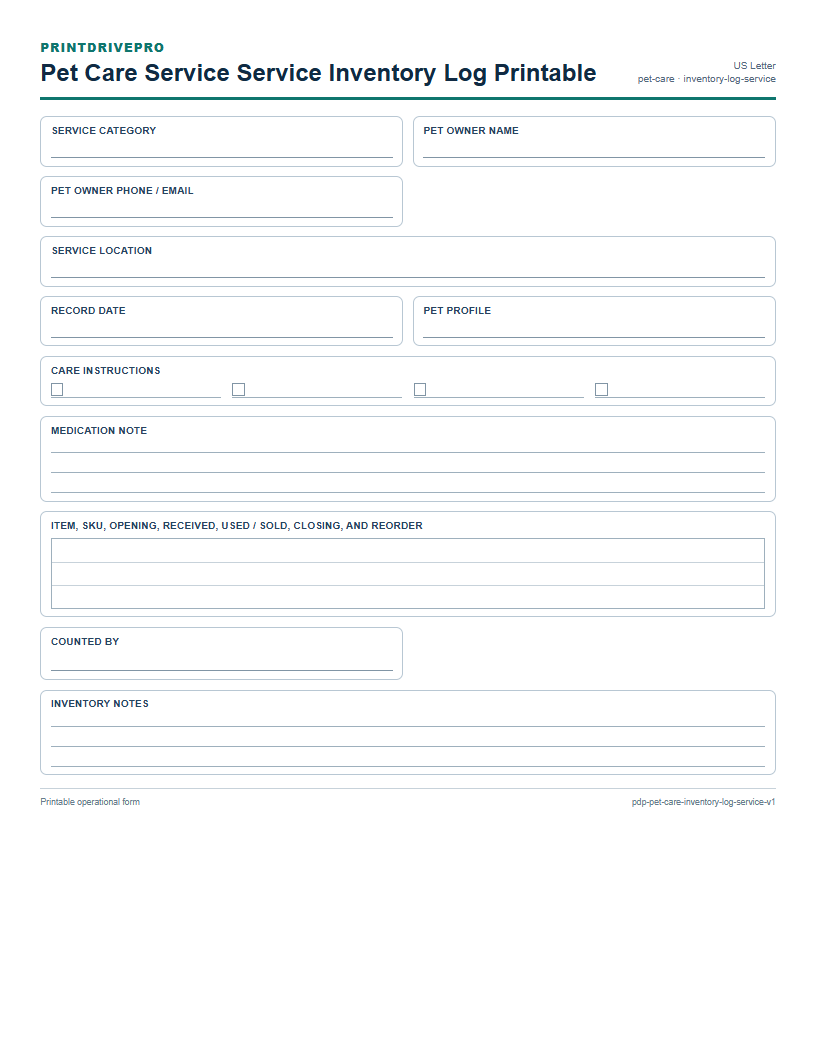 Pet Care Service Service Inventory Log Printable preview