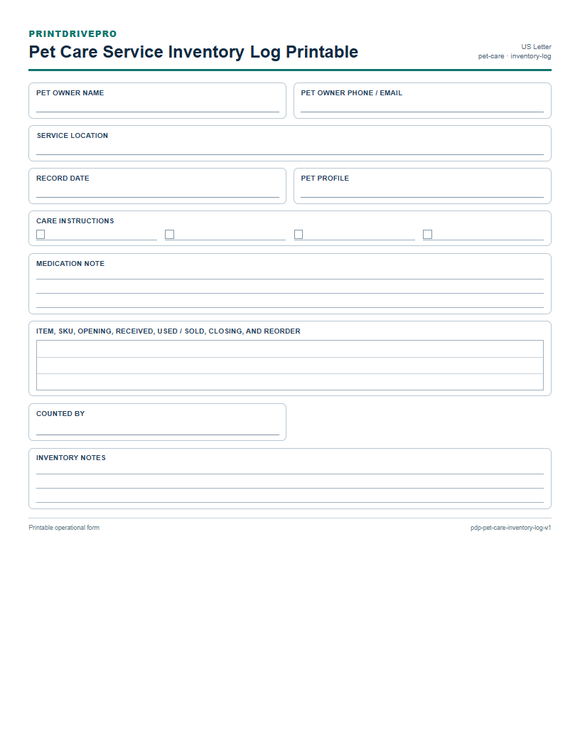 Pet Care Service Inventory Log Printable preview
