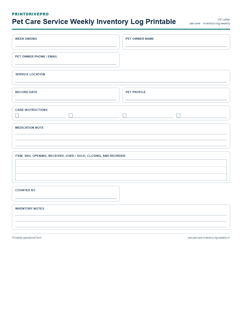 Pet Care Service Weekly Inventory Log Printable preview
