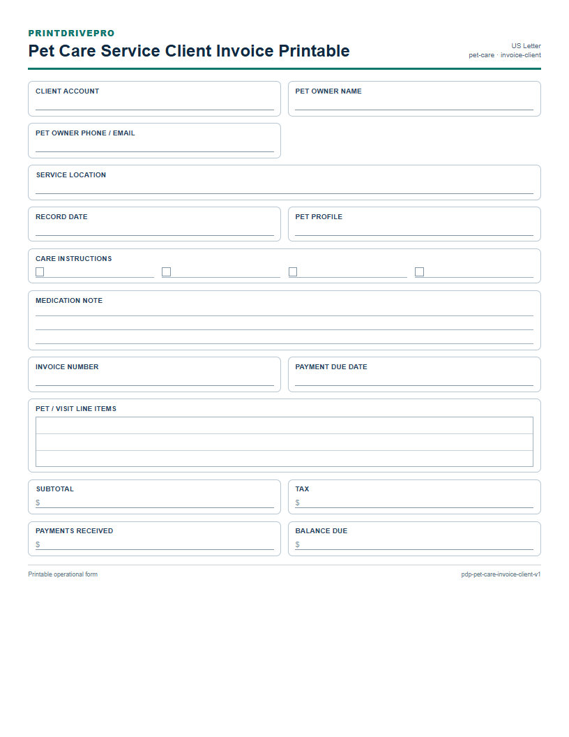 Pet Care Service Client Invoice Printable preview