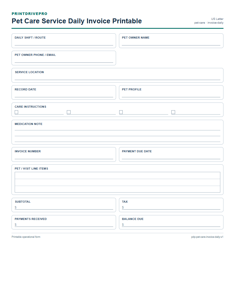 Pet Care Service Daily Invoice Printable preview