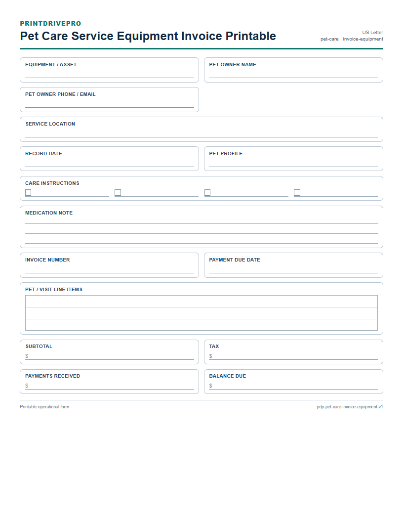 Pet Care Service Equipment Invoice Printable preview