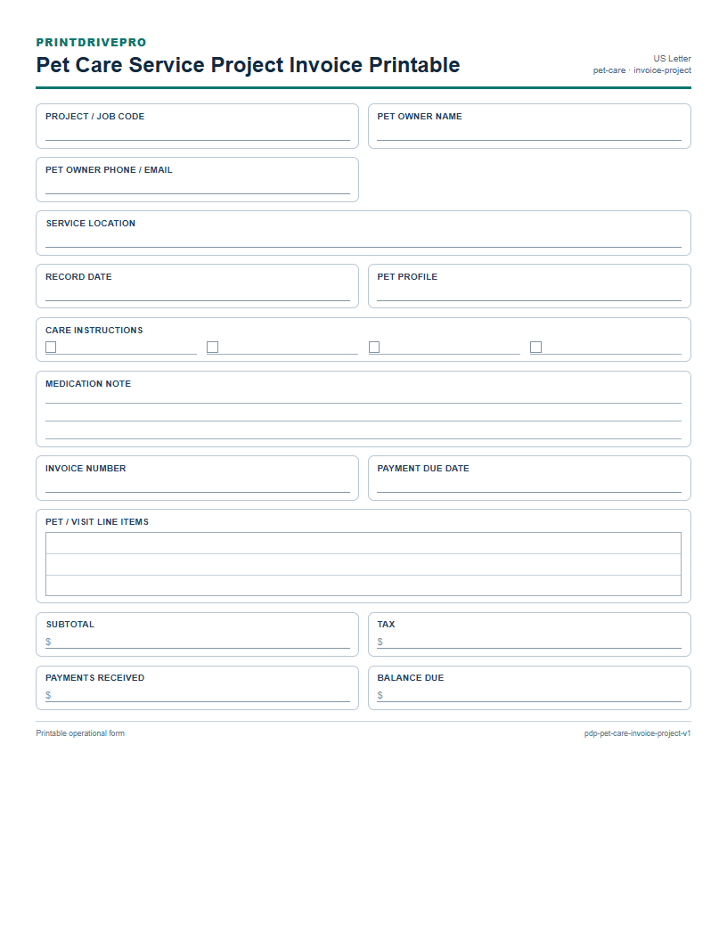 Pet Care Service Project Invoice Printable preview