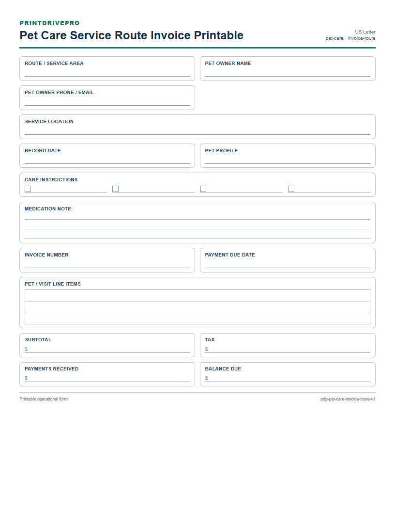Pet Care Service Route Invoice Printable preview