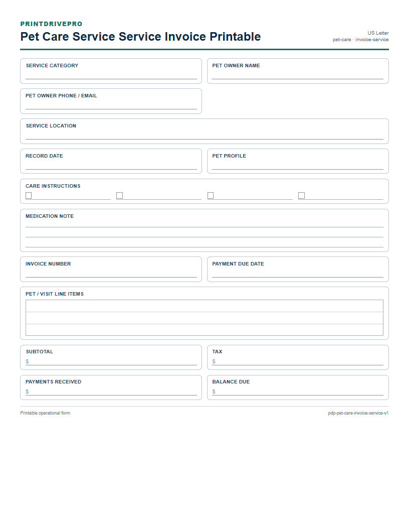 Pet Care Service Service Invoice Printable preview