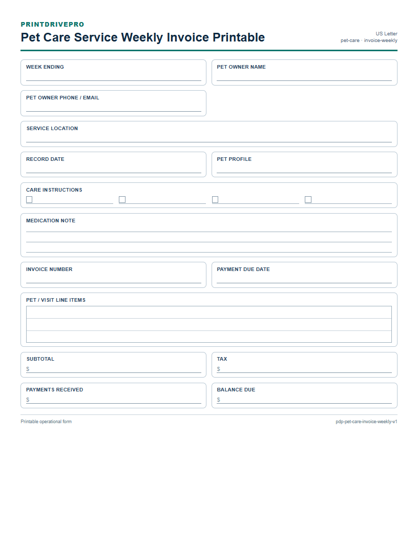 Pet Care Service Weekly Invoice Printable preview