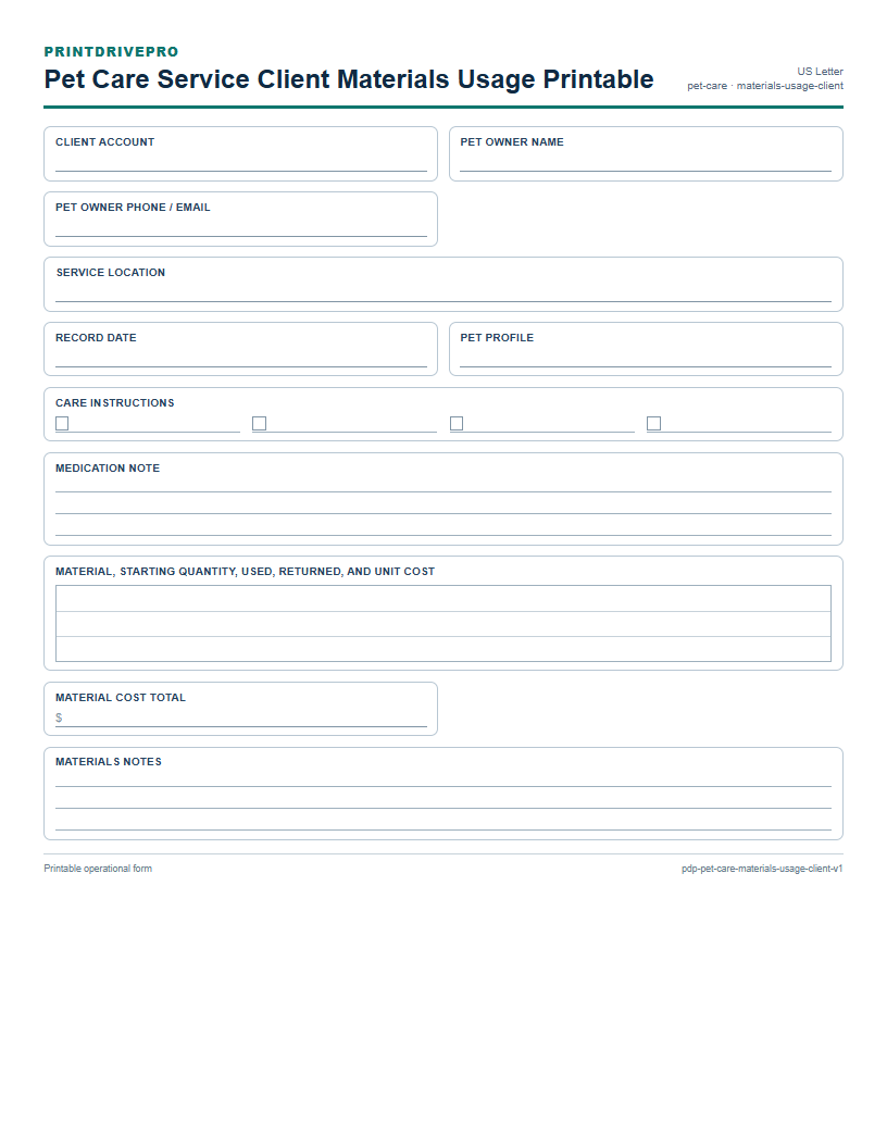 Pet Care Service Client Materials Usage Printable preview
