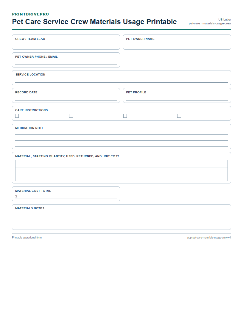 Pet Care Service Crew Materials Usage Printable preview