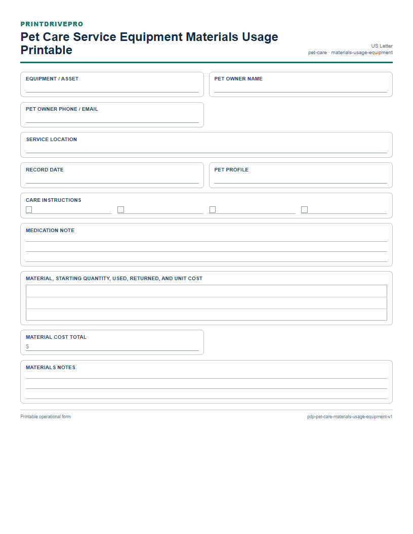 Pet Care Service Equipment Materials Usage Printable preview
