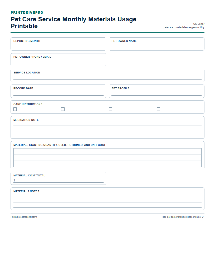 Pet Care Service Monthly Materials Usage Printable preview