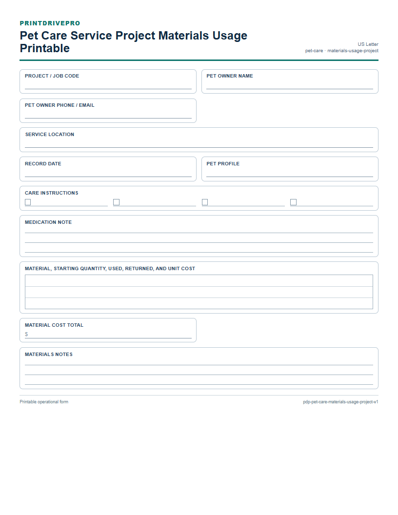 Pet Care Service Project Materials Usage Printable preview