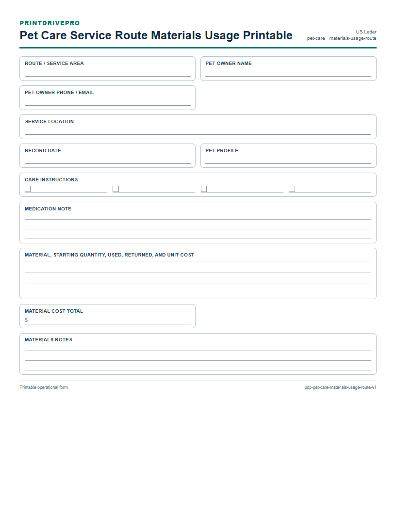 Pet Care Service Route Materials Usage Printable preview
