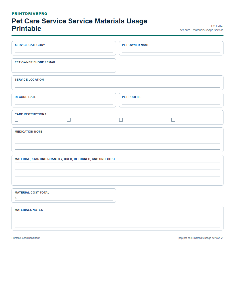 Pet Care Service Service Materials Usage Printable preview