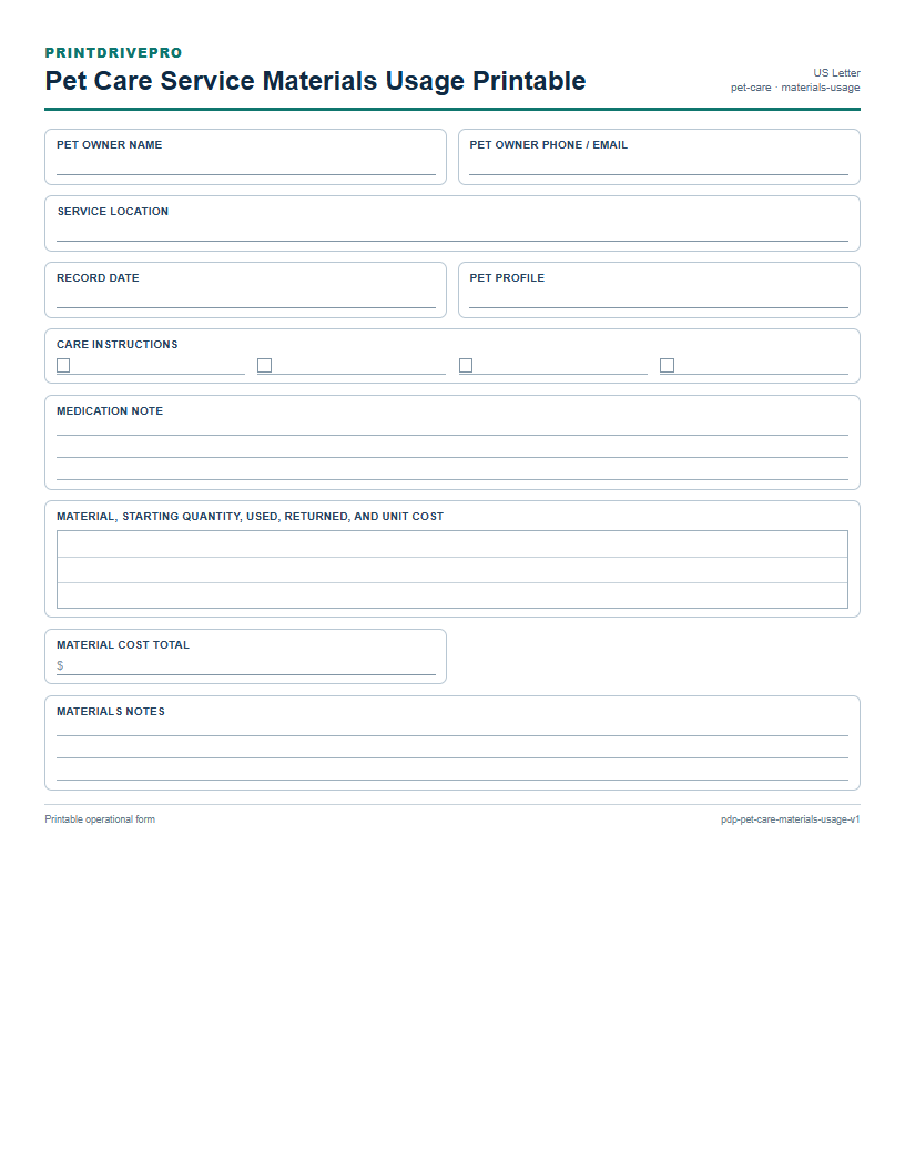 Pet Care Service Materials Usage Printable preview