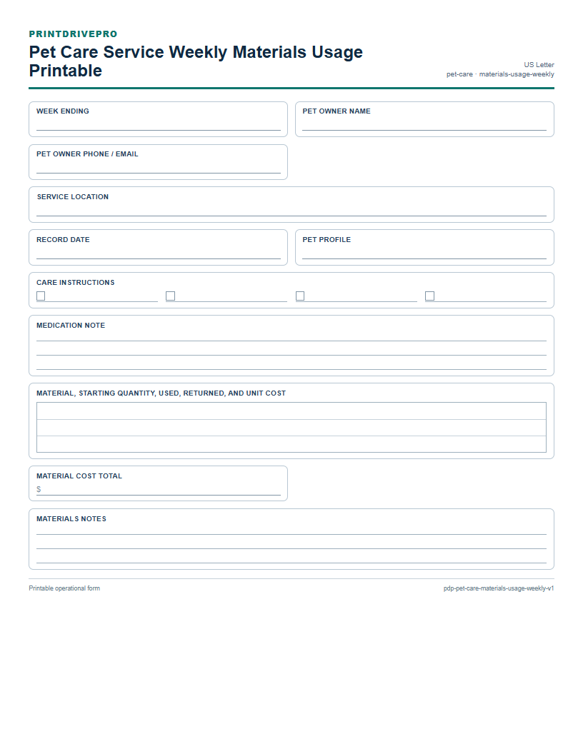 Pet Care Service Weekly Materials Usage Printable preview