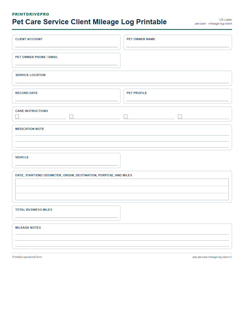 Pet Care Service Client Mileage Log Printable preview