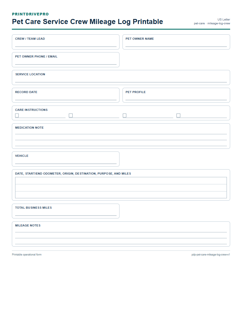 Pet Care Service Crew Mileage Log Printable preview