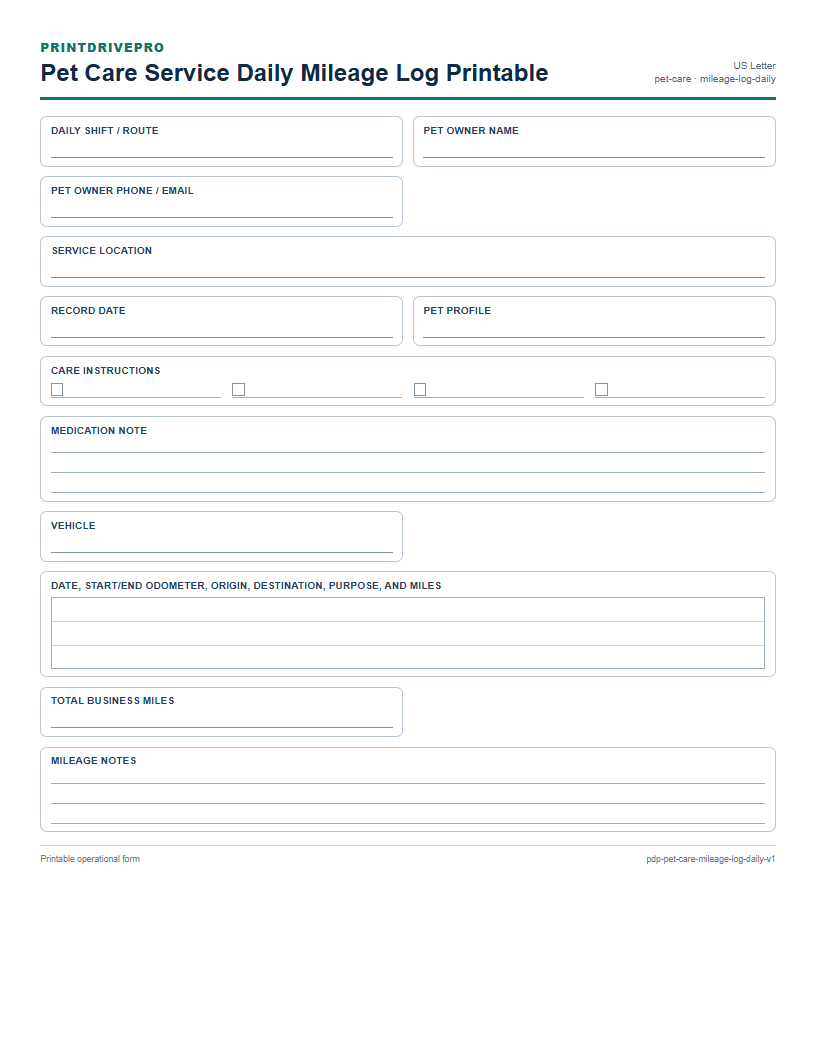 Pet Care Service Daily Mileage Log Printable preview