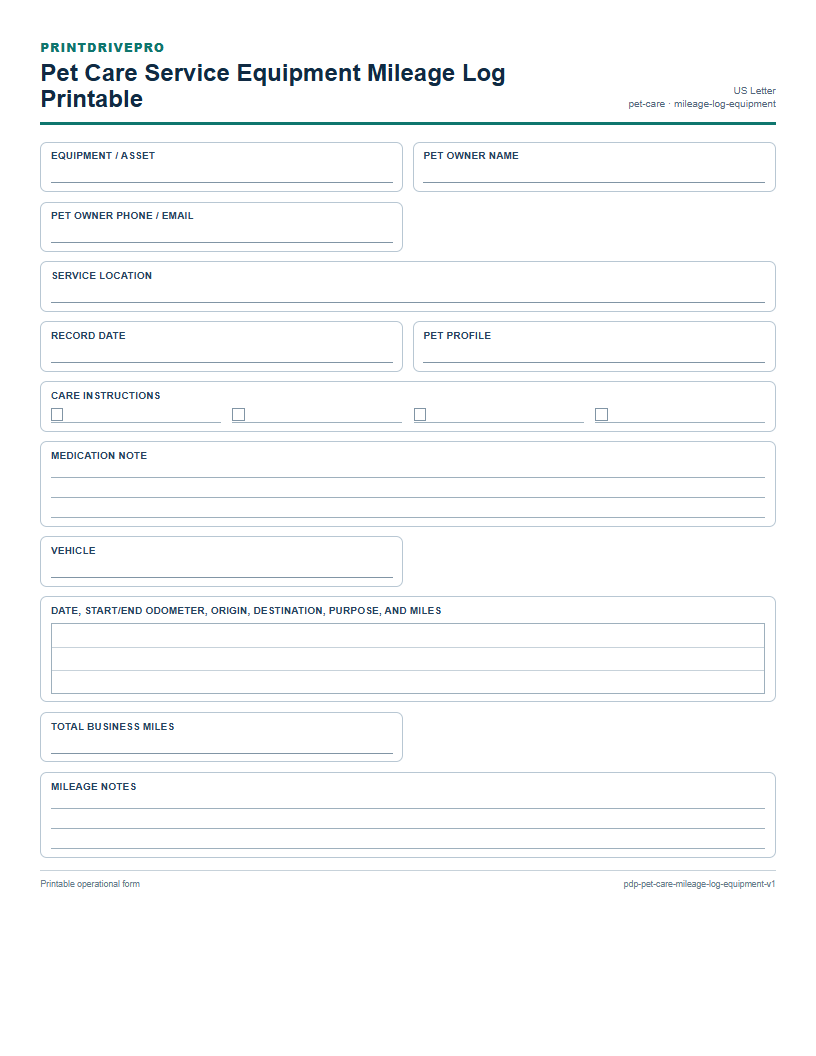 Pet Care Service Equipment Mileage Log Printable preview