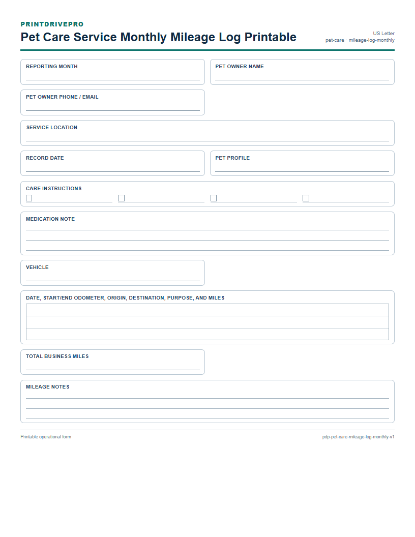 Pet Care Service Monthly Mileage Log Printable preview