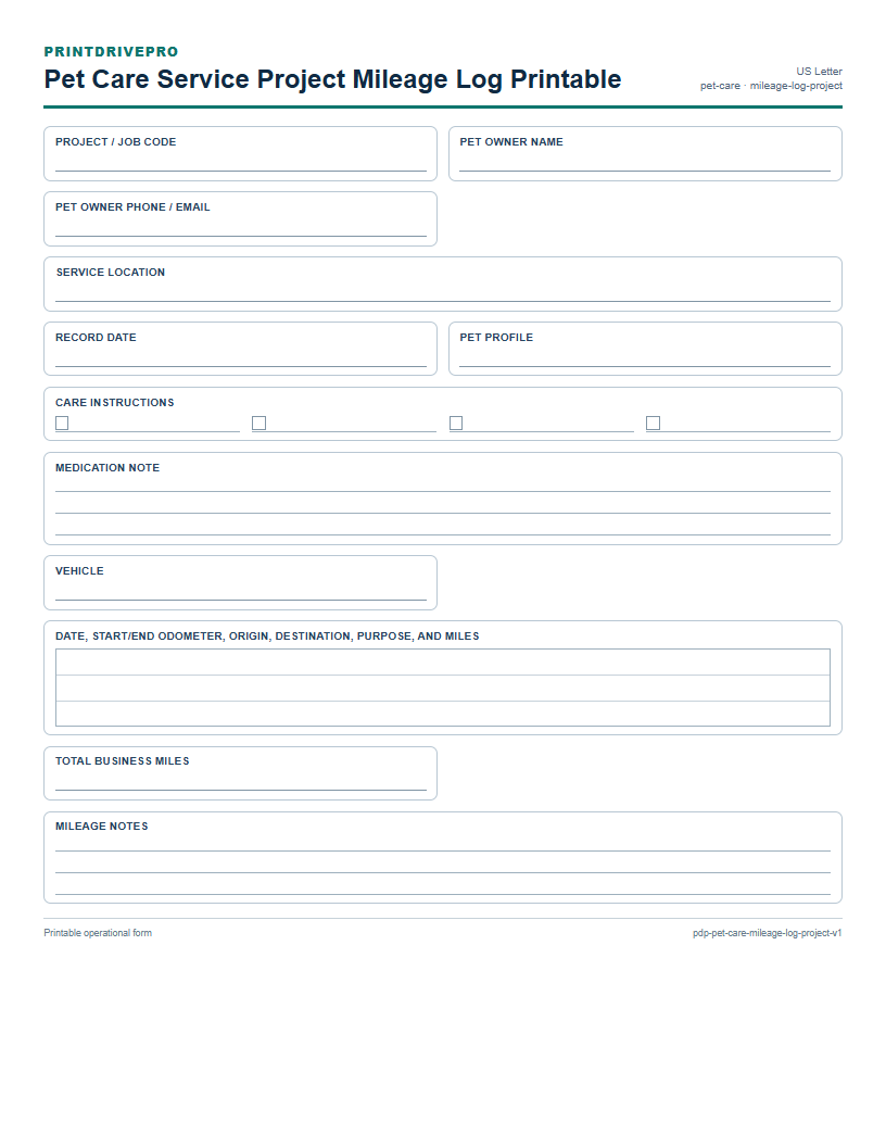 Pet Care Service Project Mileage Log Printable preview