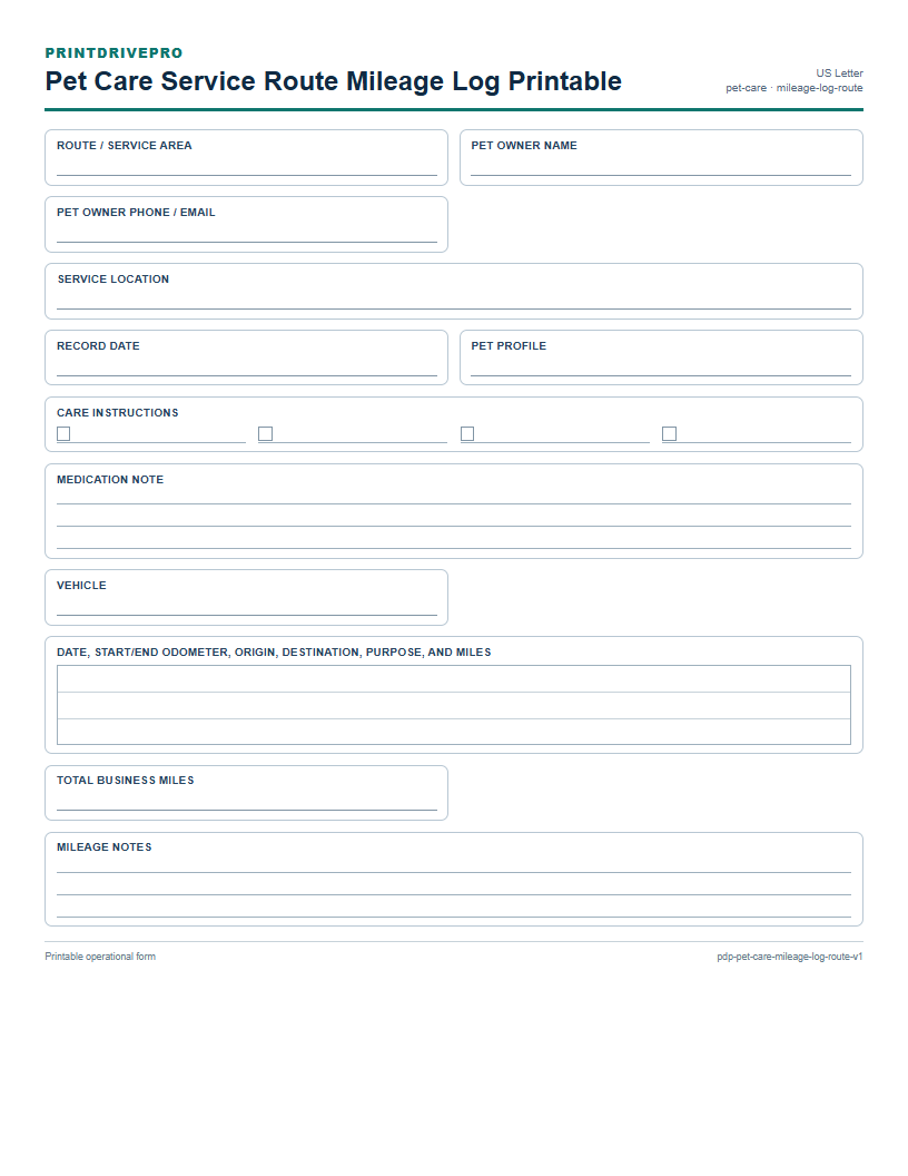 Pet Care Service Route Mileage Log Printable preview